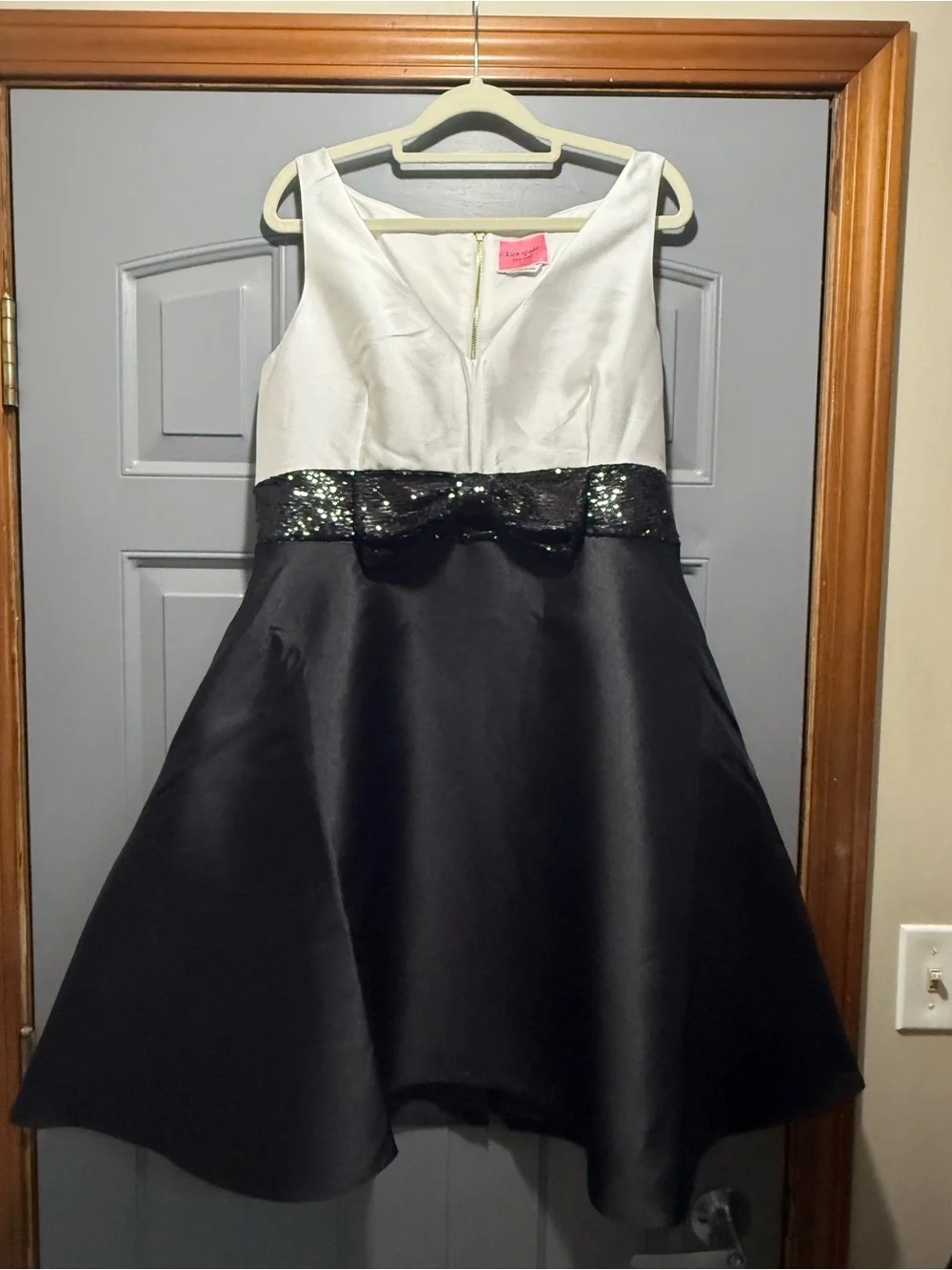 kate spade -White black formal fit and flare cocktail dress sequin bow tie-NWT